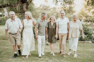 Six adults walking together outdoors on green grass, smiling and holding hands in a casual family portrait setting.
