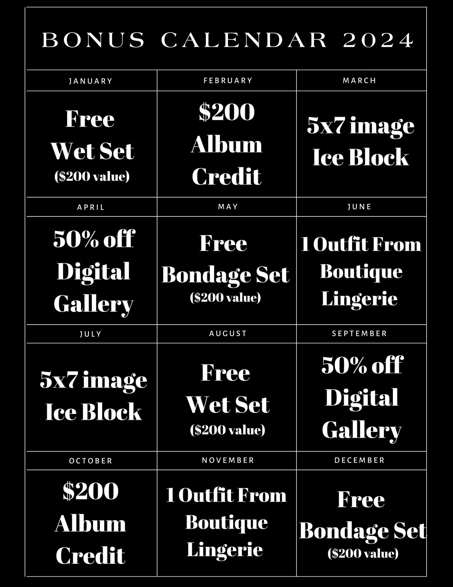 A promotional calendar for 2024 showing monthly deals and offers with white text on a black background.