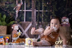 Outdoor cake smash photography session with rustic wooden backdrop and natural lighting.