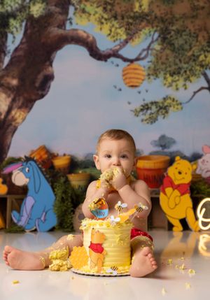 Whimsical cake smash photo session with Winnie the Pooh themed backdrop and decorations.