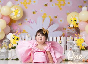 Sweet bee-themed photo setup with yellow and white balloons and honeycomb decorations.