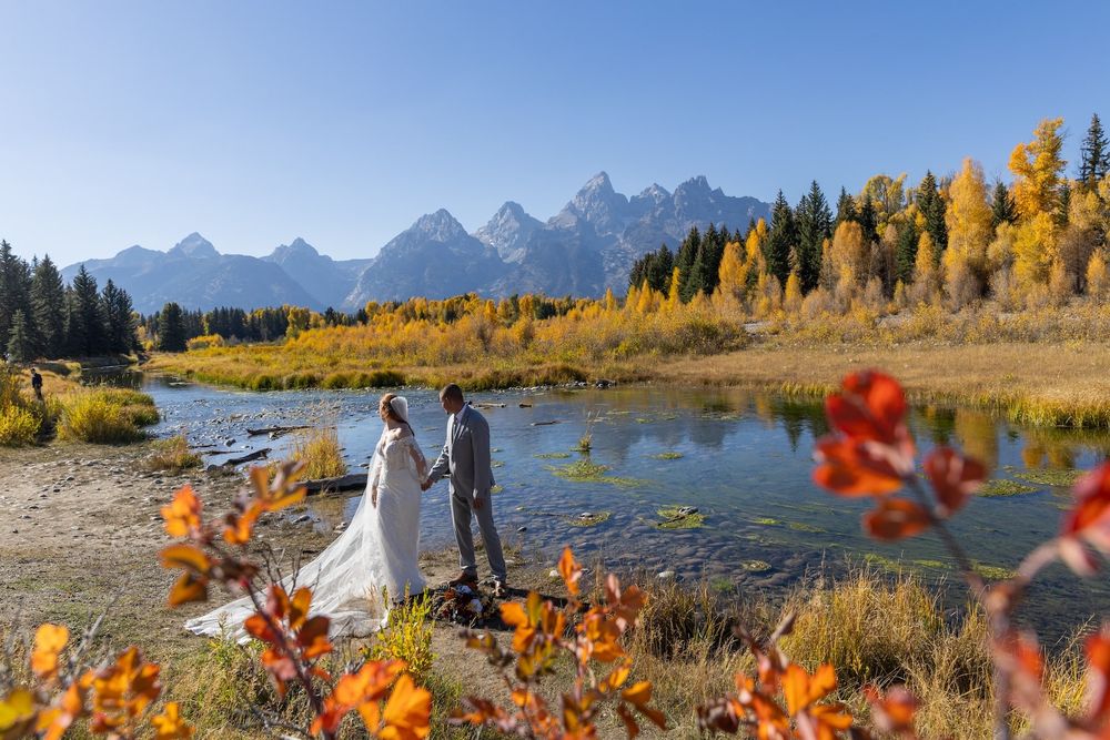 Golden autumn aspens frame the majestic Teton mountain range reflecting in a calm lake at Grand Teton National Park.