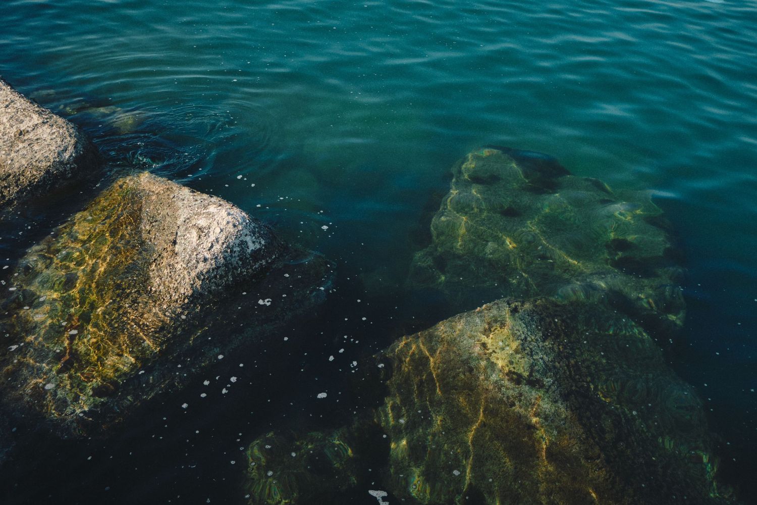 Crystal clear turquoise water flows around moss-covered rocks in a natural coastal setting.