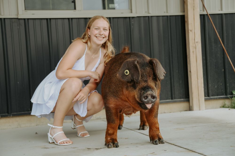 A woman crouches next to a large brown pig on a concrete patio.