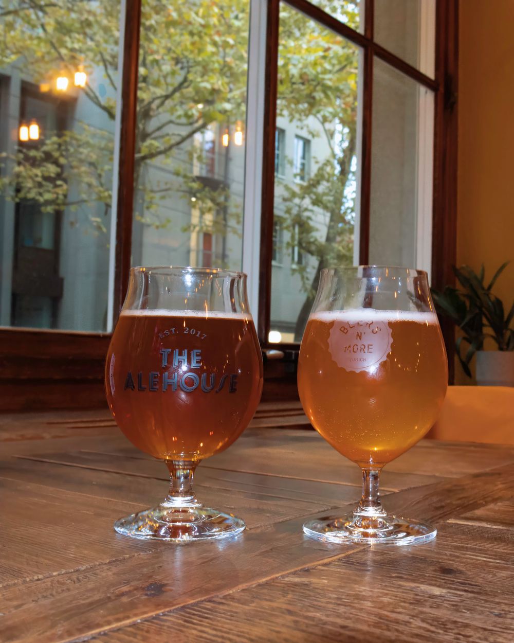 Two glasses of craft beer in tulip-style glassware on a wooden table with natural lighting from a window.