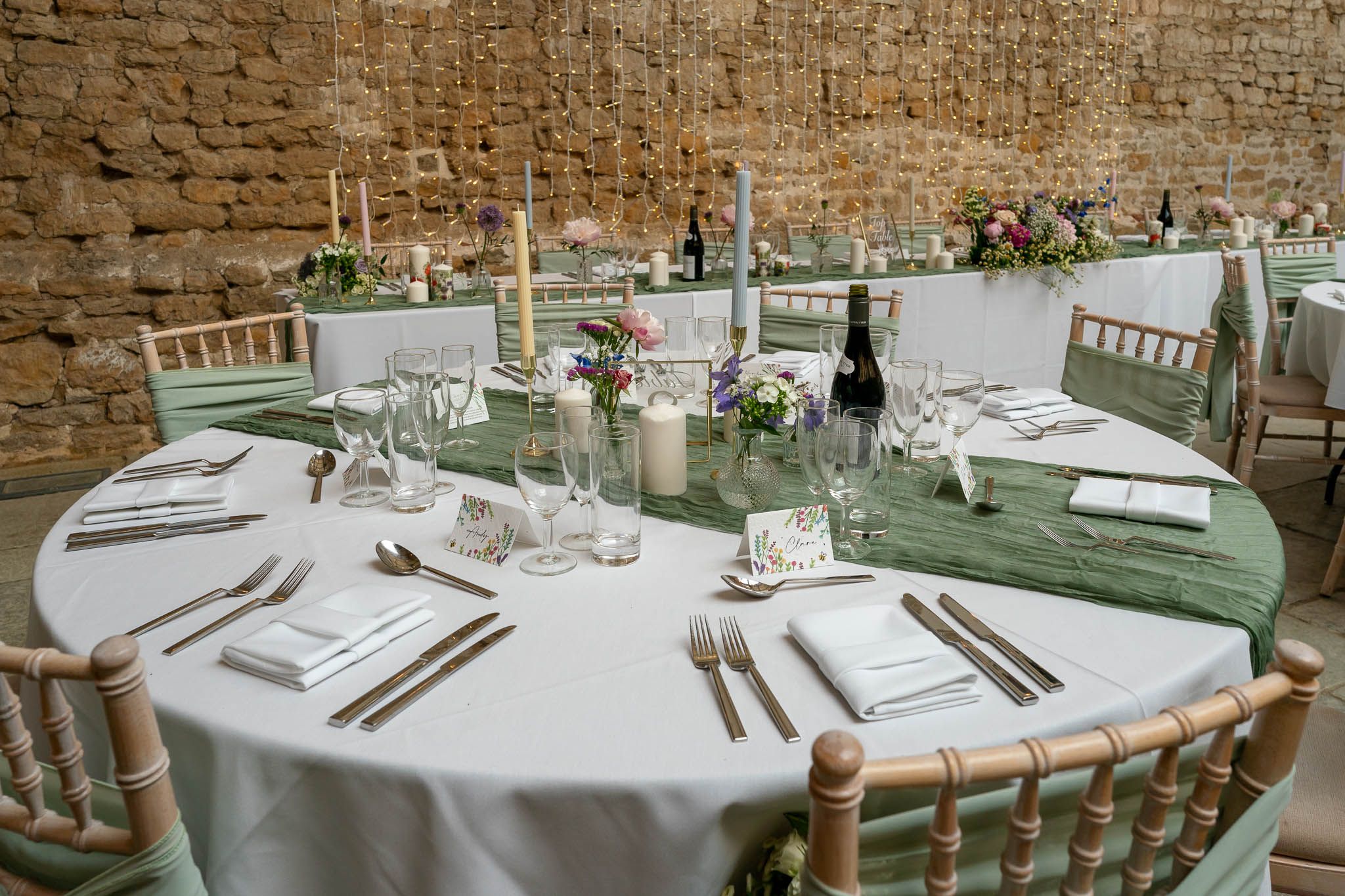 Symondsbury Tithe Barn table set up for Wedding