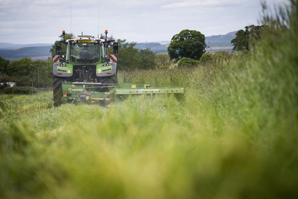 Fendt tractor using Krone mowers to cut silage