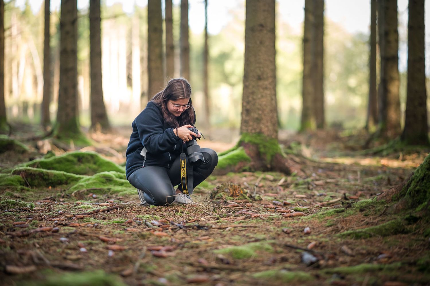 Person photographing in autumn forest with fallen leaves and mossy ground.