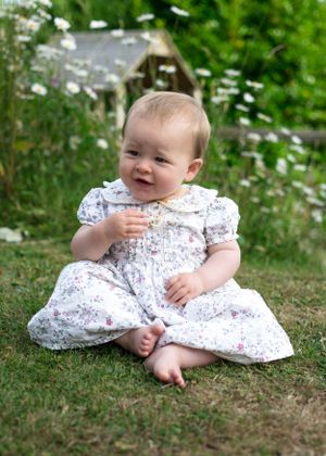 An adorable baby girl in a floral dress sits on green grass surrounded by wildflowers in a garden.