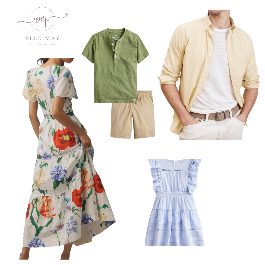 A dressy summer style board for a family session at home.