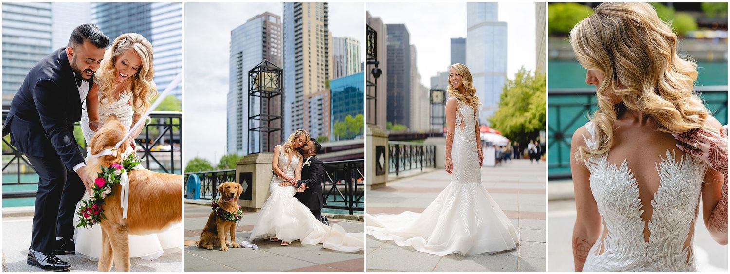 Elegant wedding portraits against urban Chicago architecture and skyline.