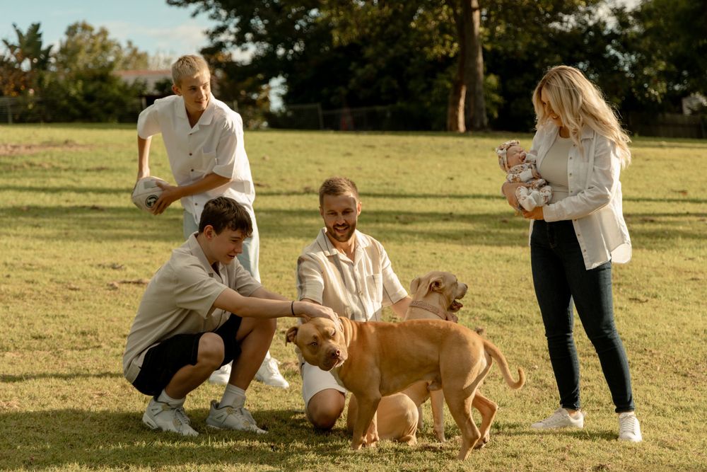 Family and dog playing together on a sunny grassy lawn.