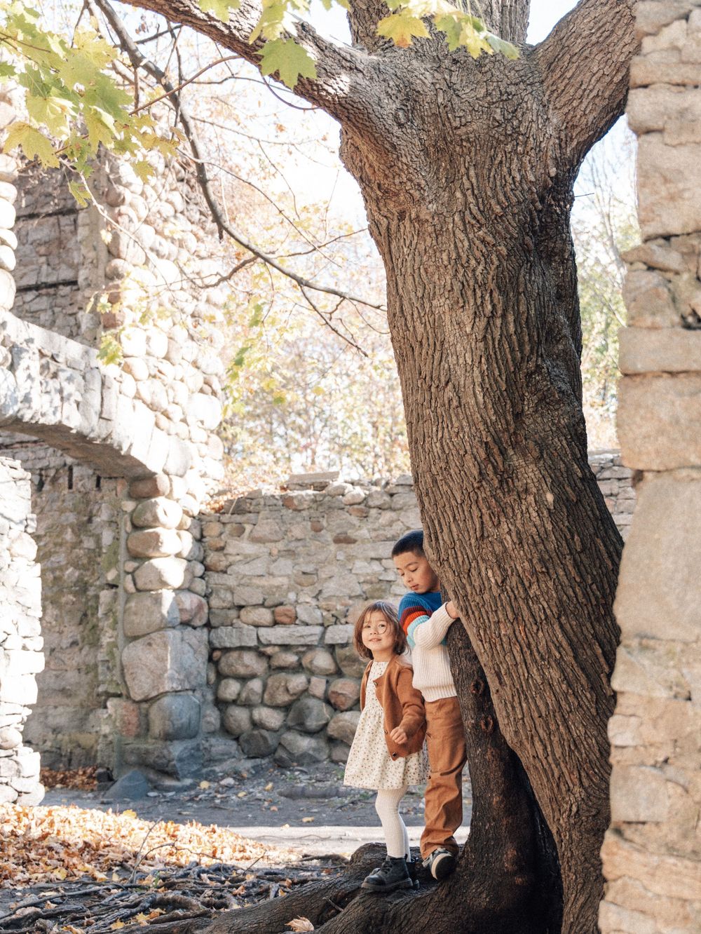 Profile photo series in front of stone ruins with trees and soft autumn lighting creating dreamy natural portraits.