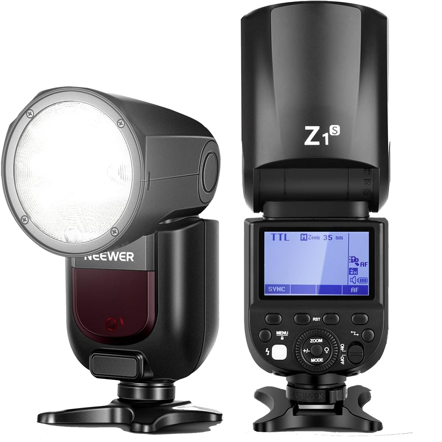 Professional camera flash unit Neewer Z1S with LCD display screen and mounting hot shoe for DSLR photography.