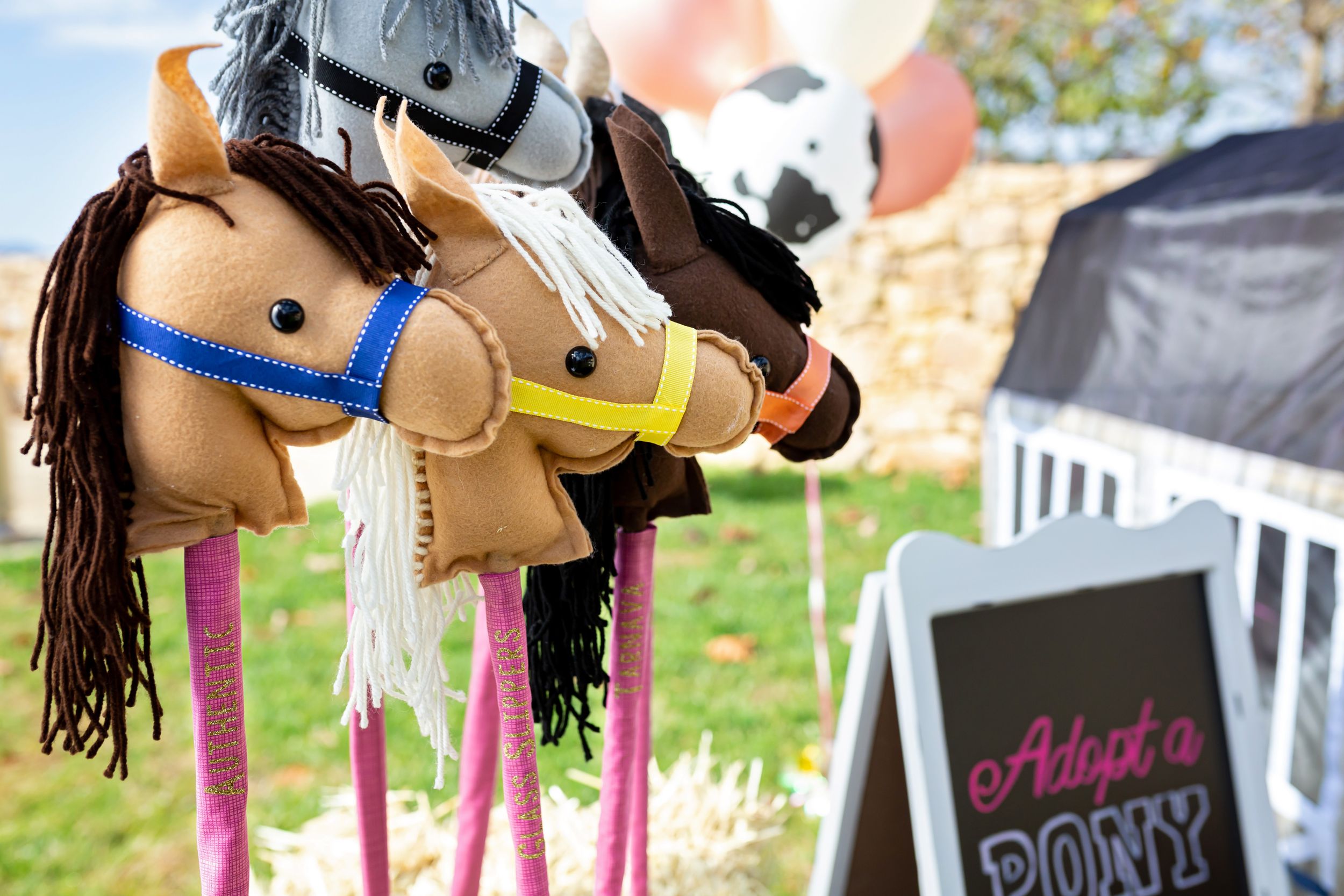 Row of colorful stick horses displayed at a children's party.