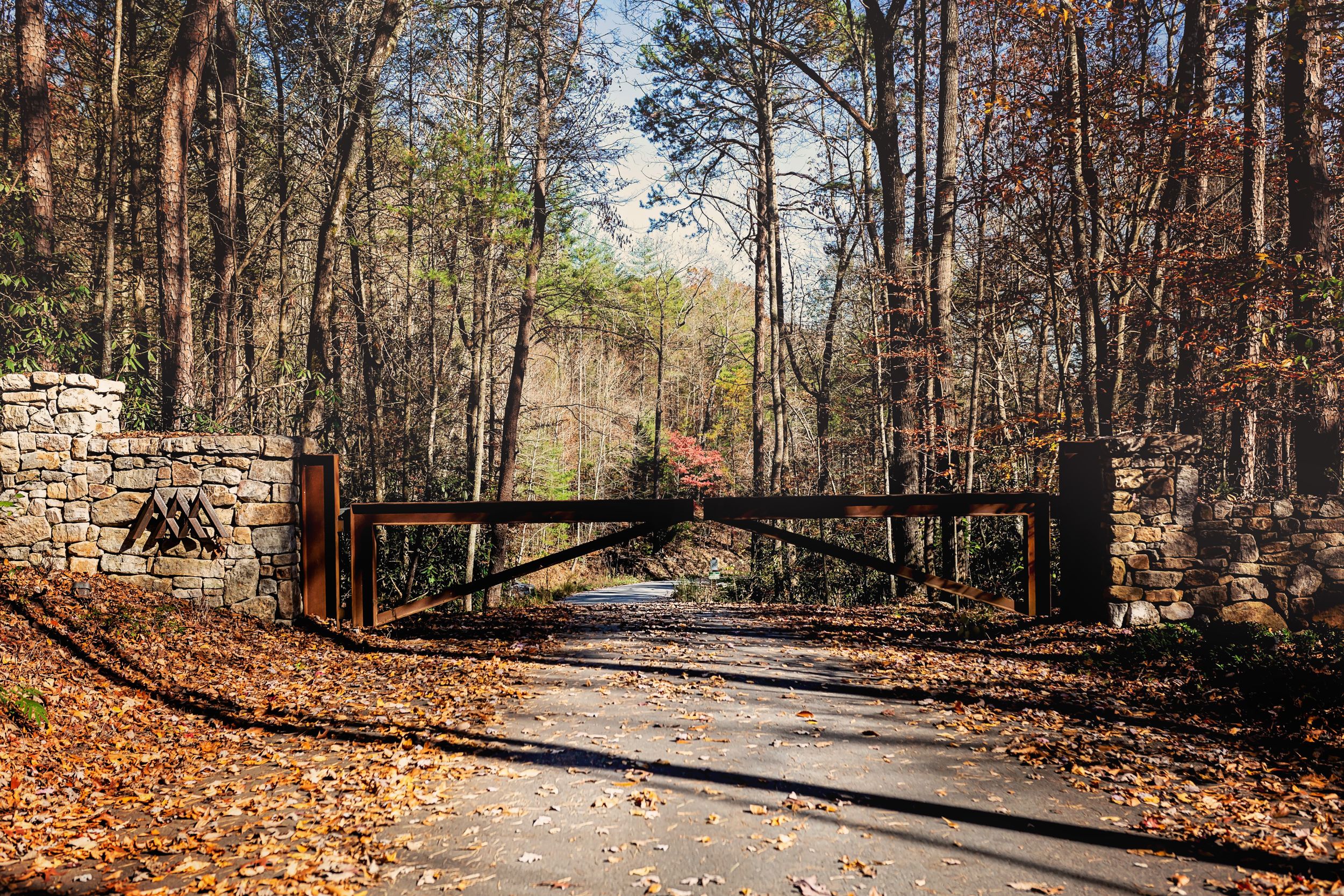 Rustic wooden gate on an autumn trail surrounded by fallen leaves and trees.