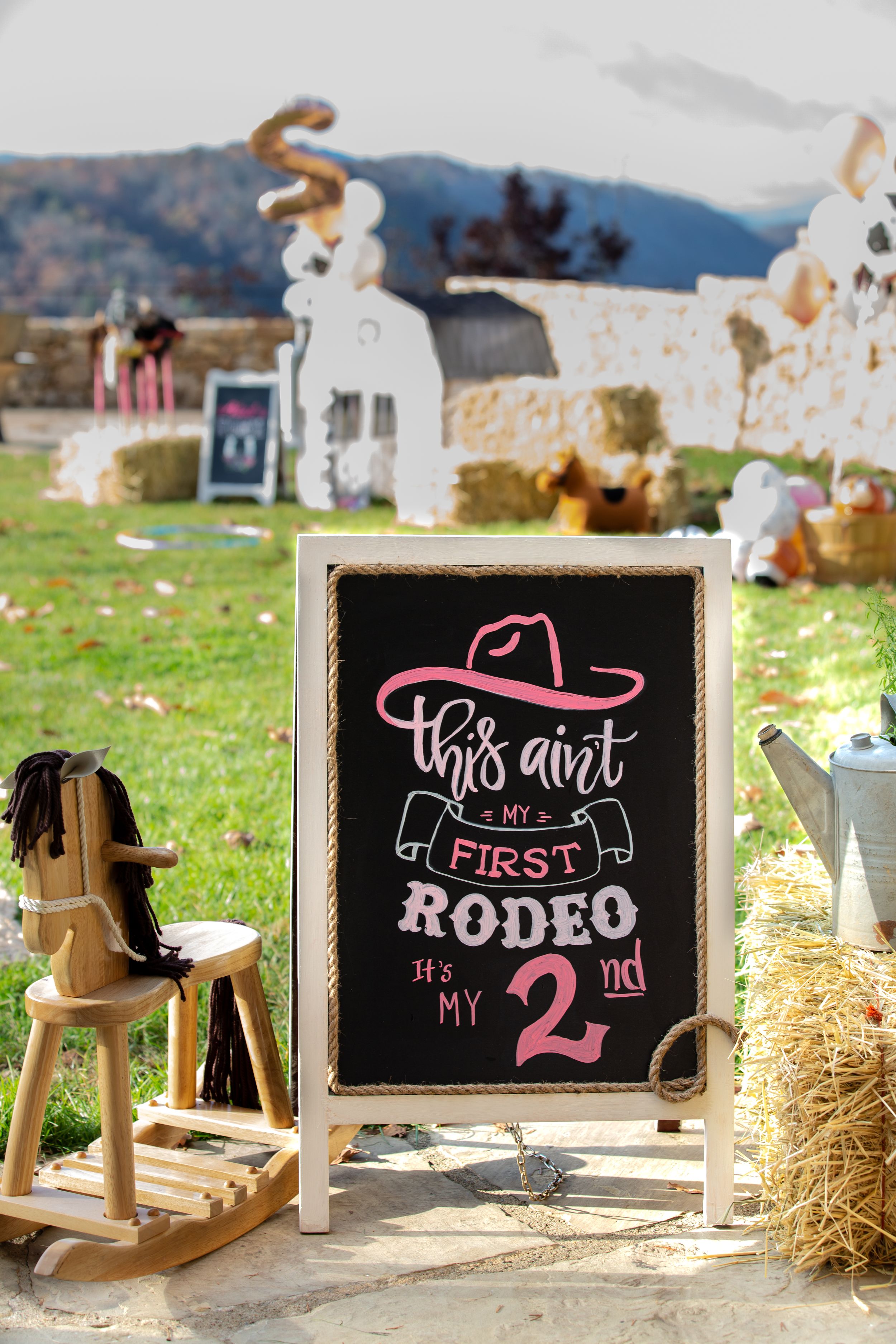 Chalkboard sign for a child's second birthday rodeo party with decorative rocking horse.