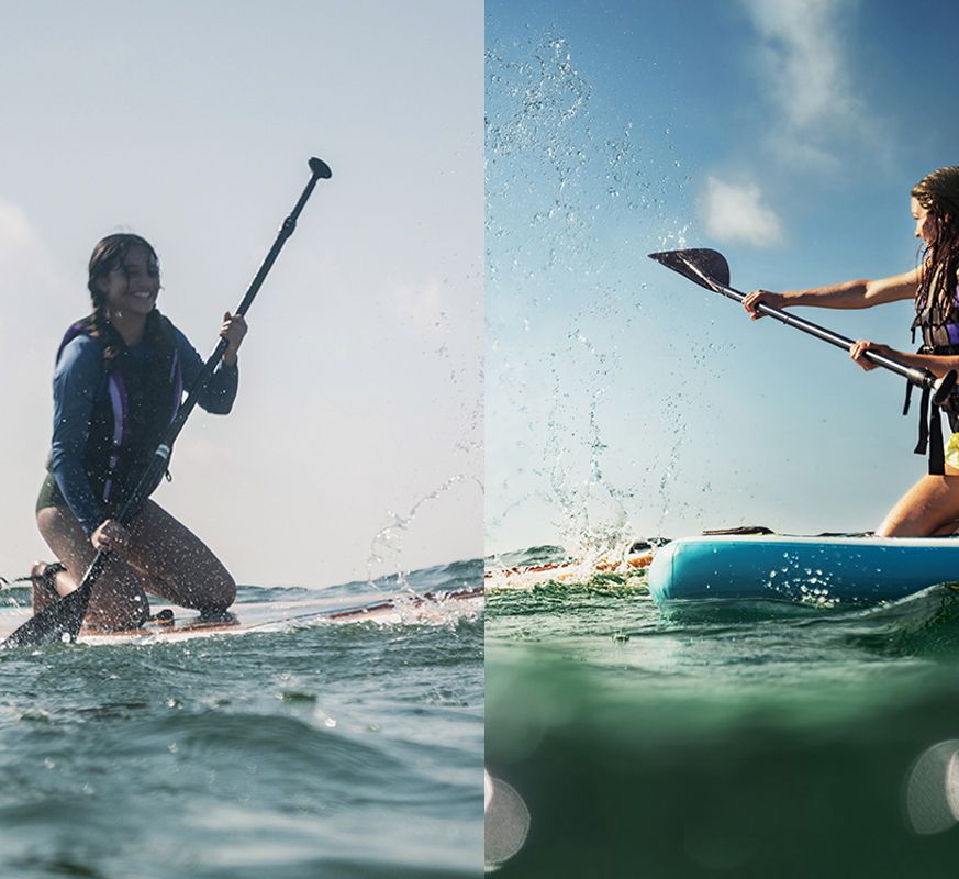 Side-by-side photos of a woman paddleboarding in the ocean, showcasing water sports action shots.
