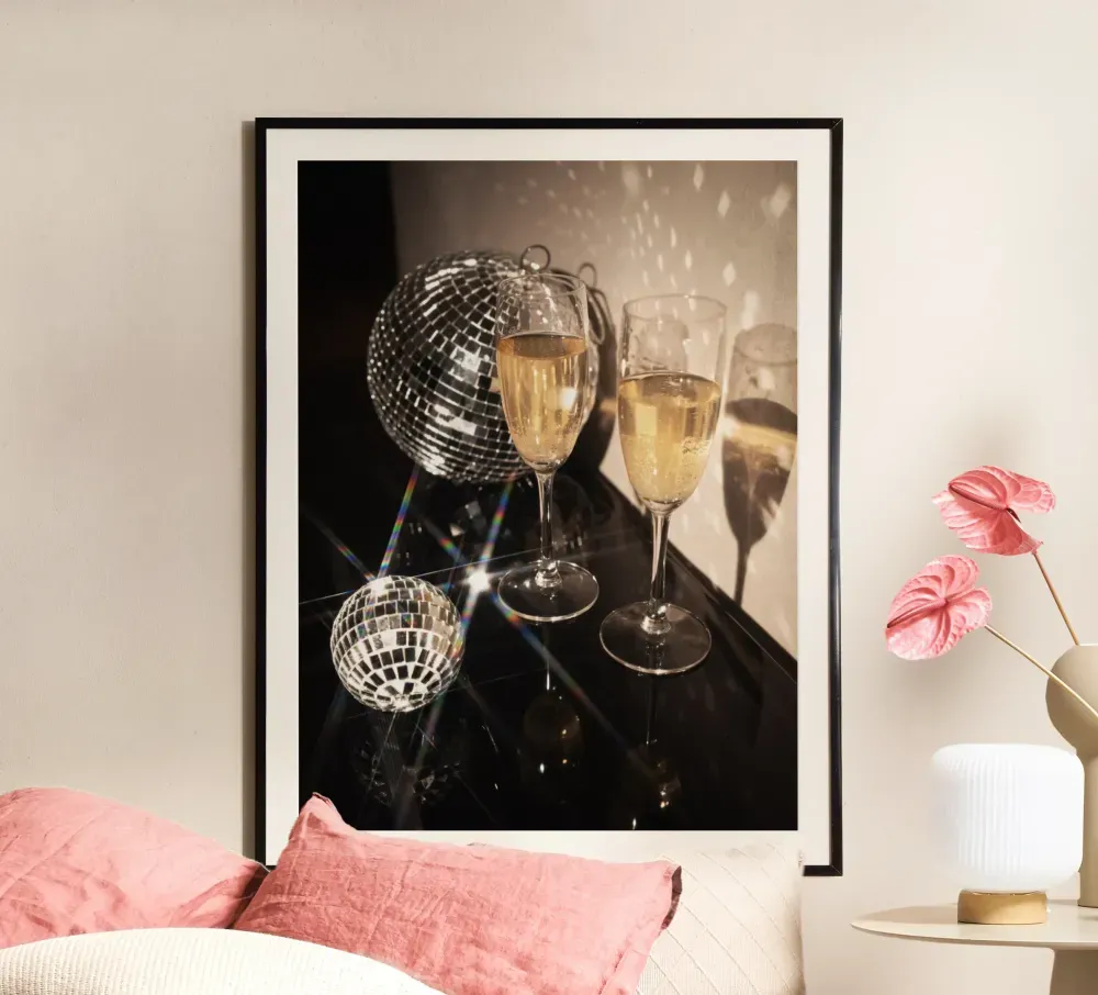disco art print, champagne wall art, party wall decor, glamorous art print, disco ball photography, champagne bottle print, modern wall art