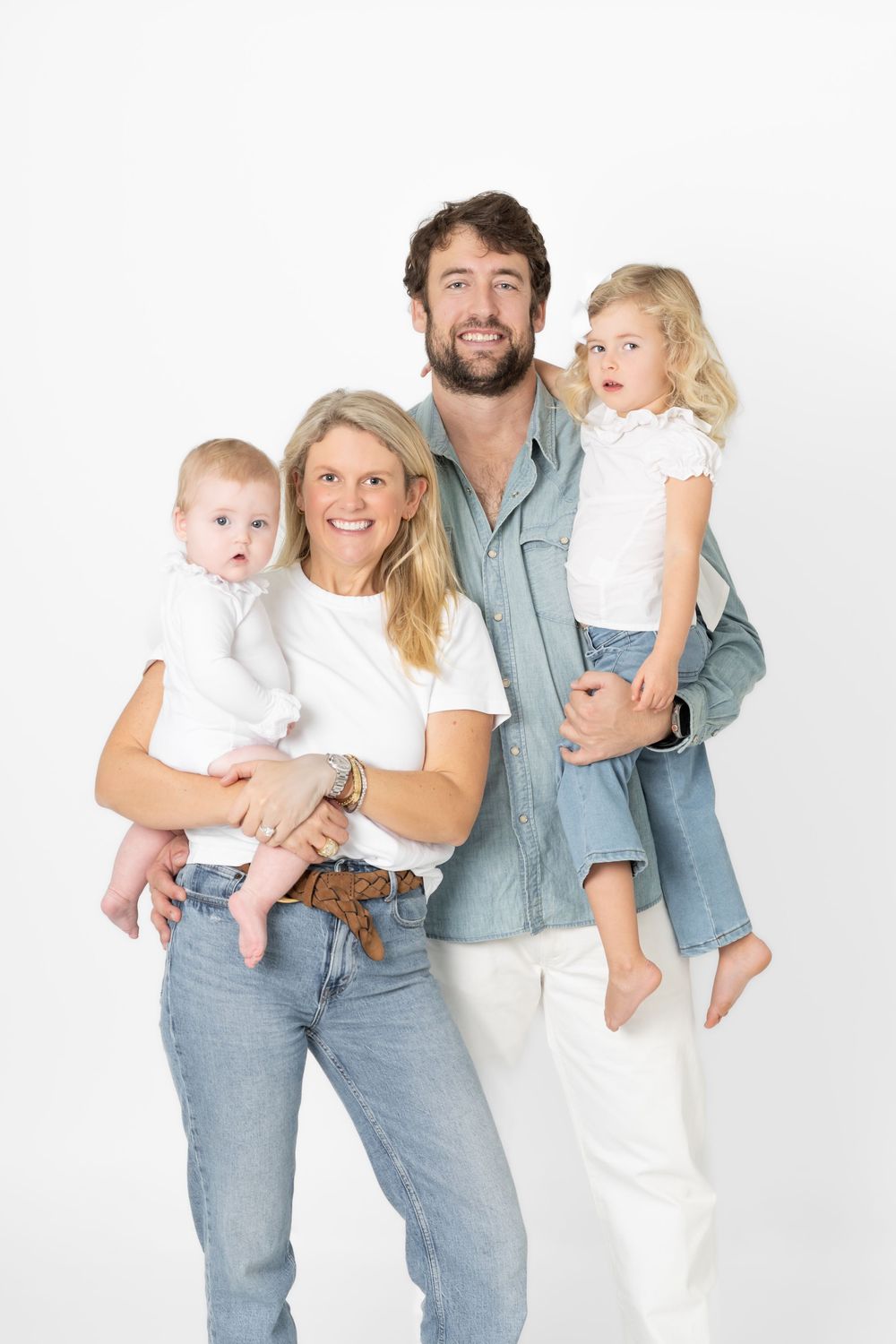 Three casual studio portraits of a family in denim and white against a light background.