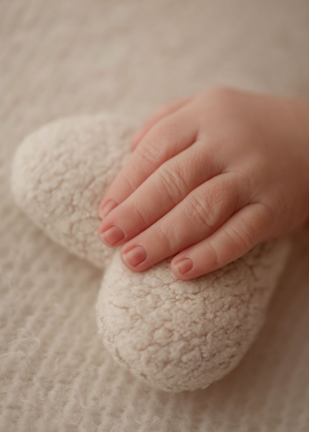 A tiny baby hand rests gently on a soft white textured blanket in a tender close-up shot.