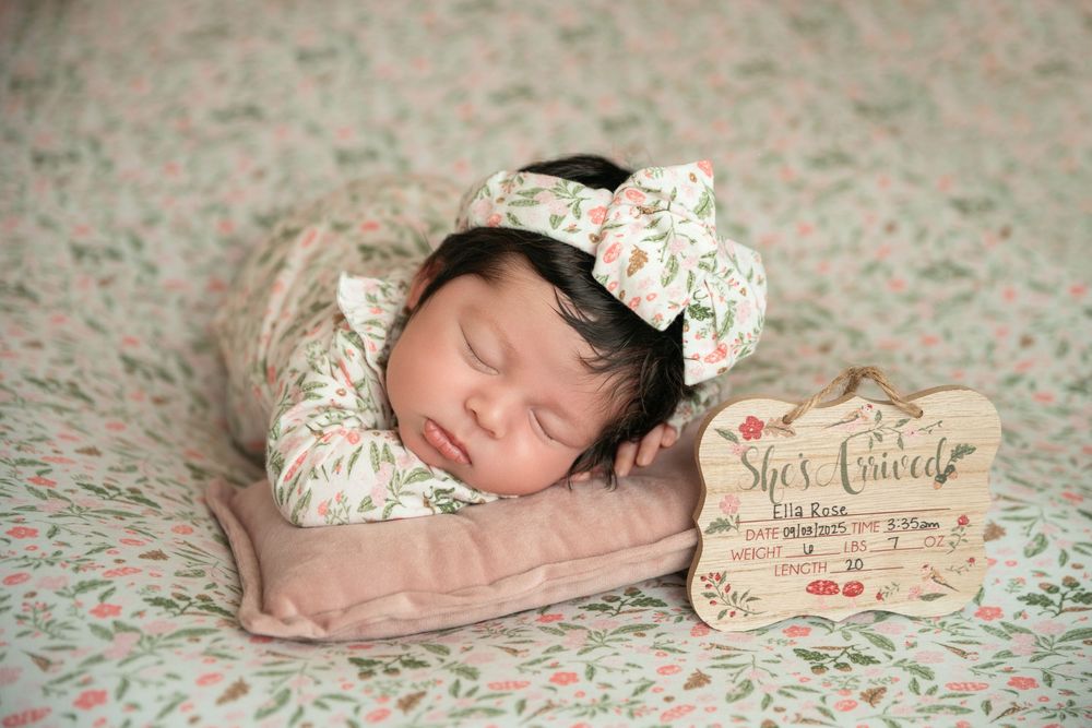 A series of newborn portraits on floral print fabric with vintage styling elements.