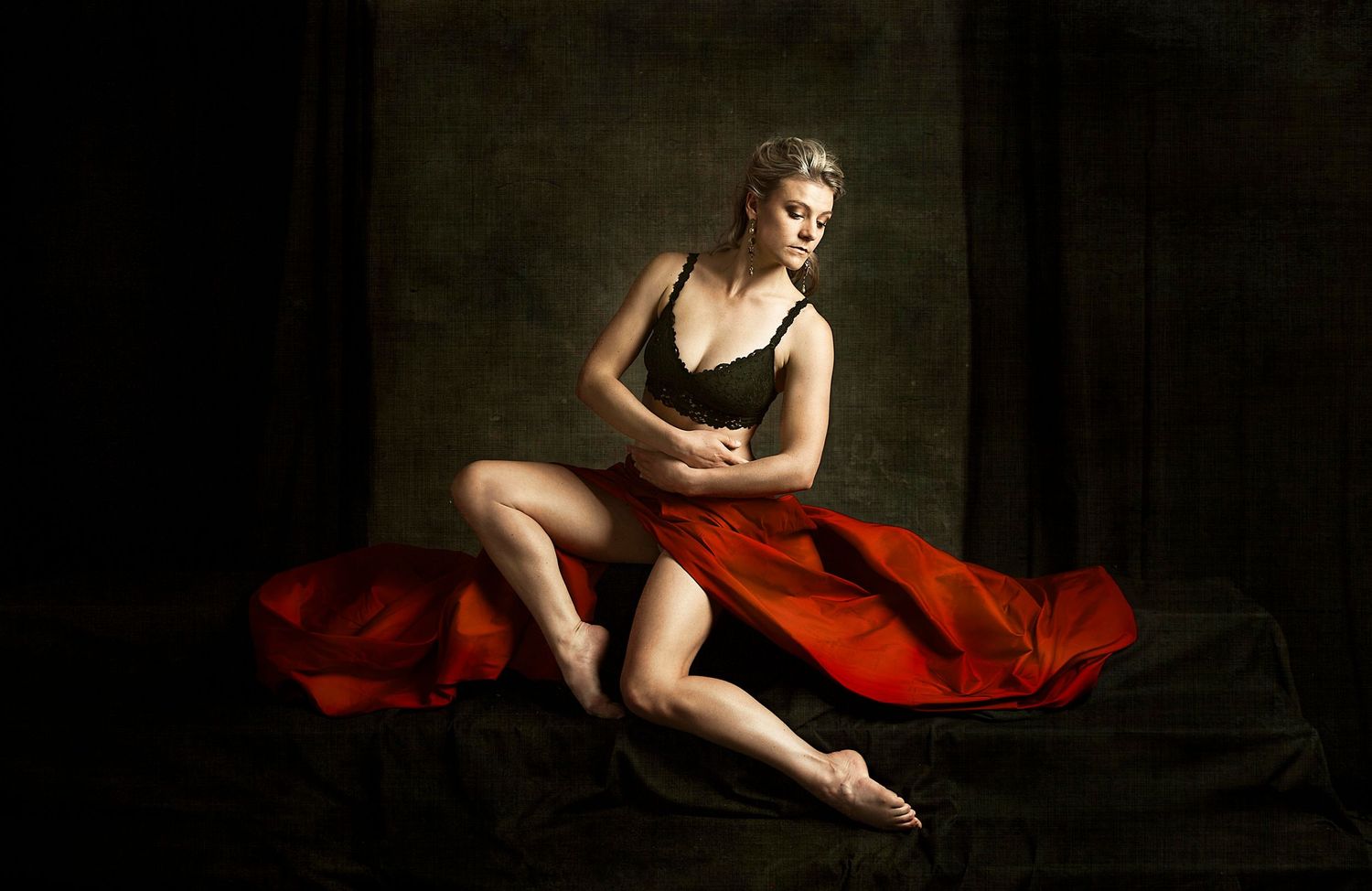 Blonde woman, dancer, red silk, fine art, moody, pensive, gracious