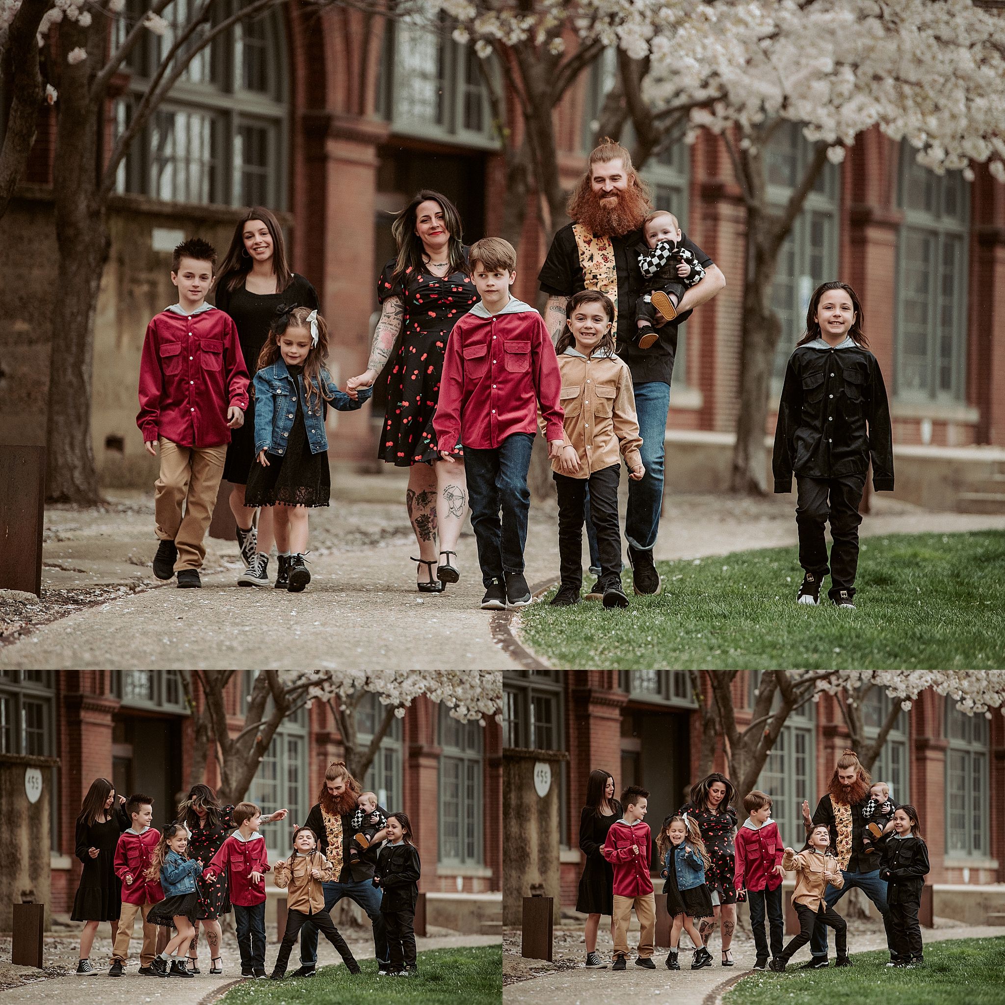 Collection of candid family photos showing a group walking together outside a historic building.