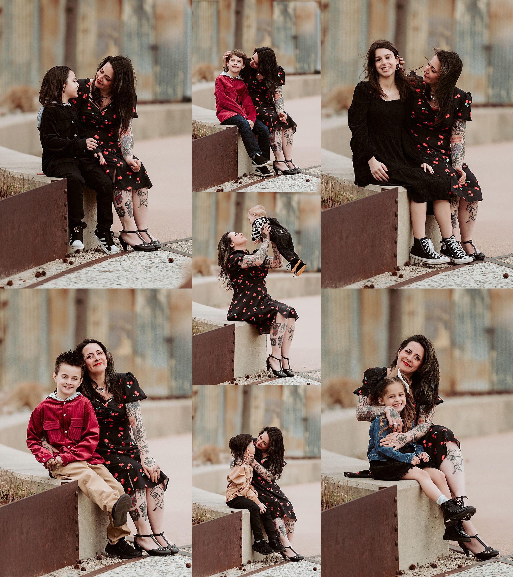 Collage of candid moments and interactions captured on an urban concrete ledge.