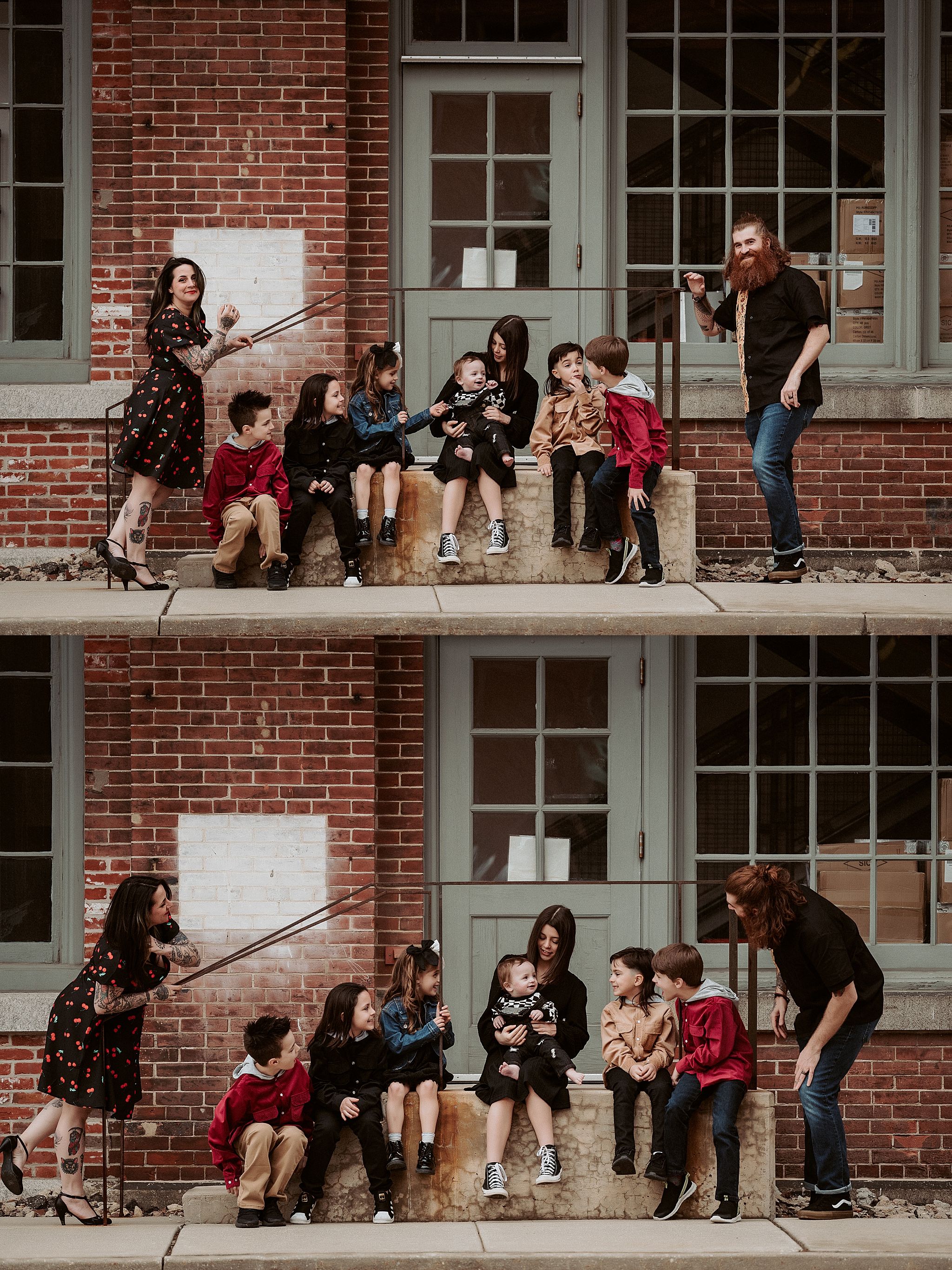 Two-photo set showing playful interactions on brick building steps.