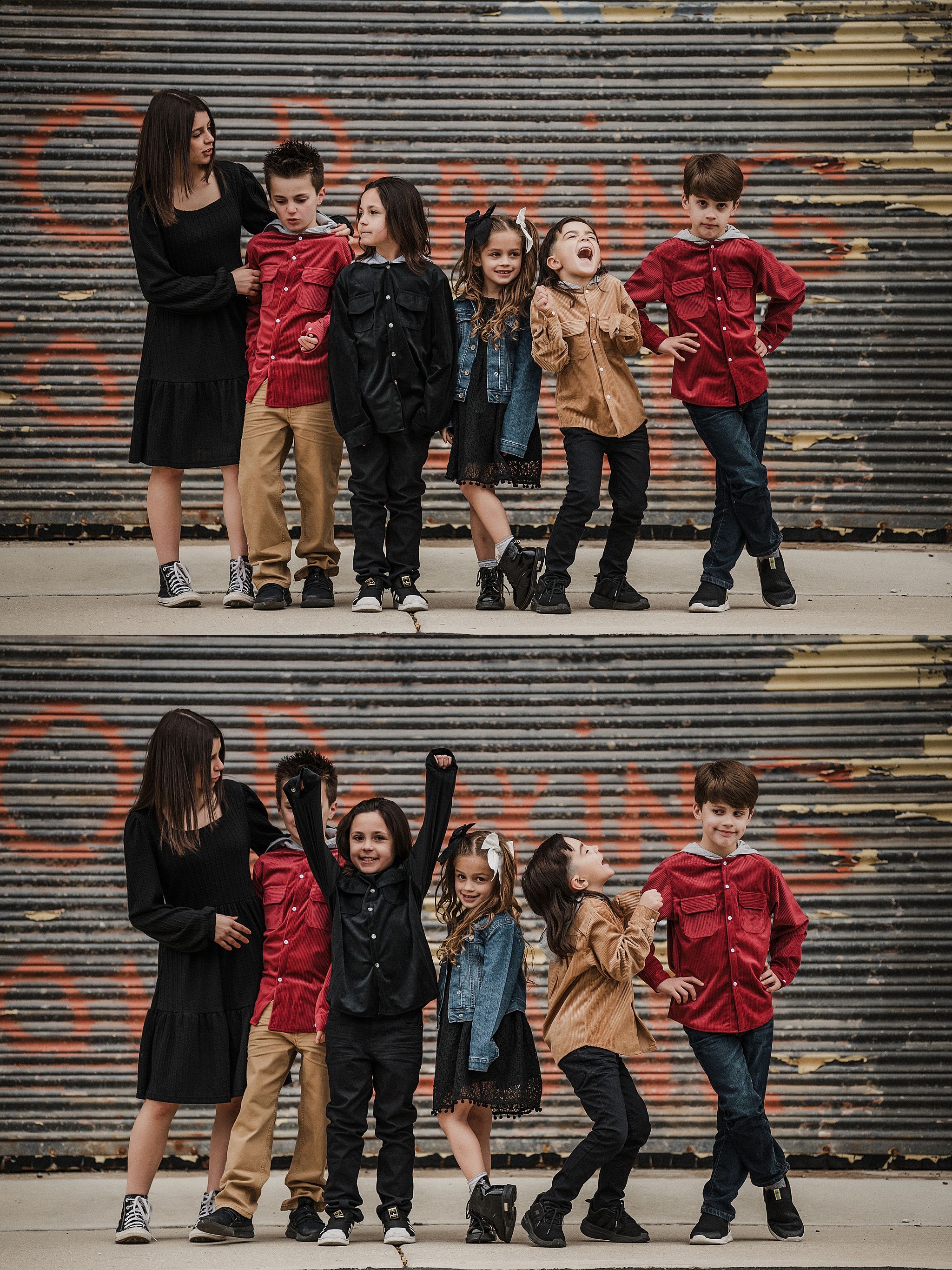 Two-photo collage showing group poses and candid celebration against metal door background.