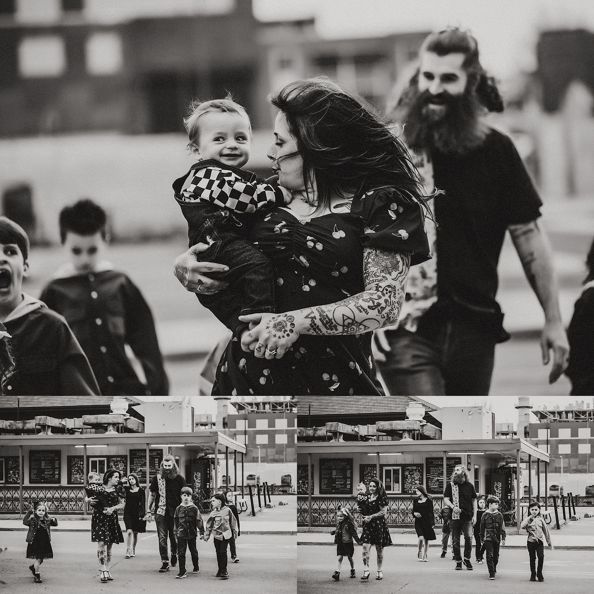 Black and white series showing family moments outside a vintage storefront.