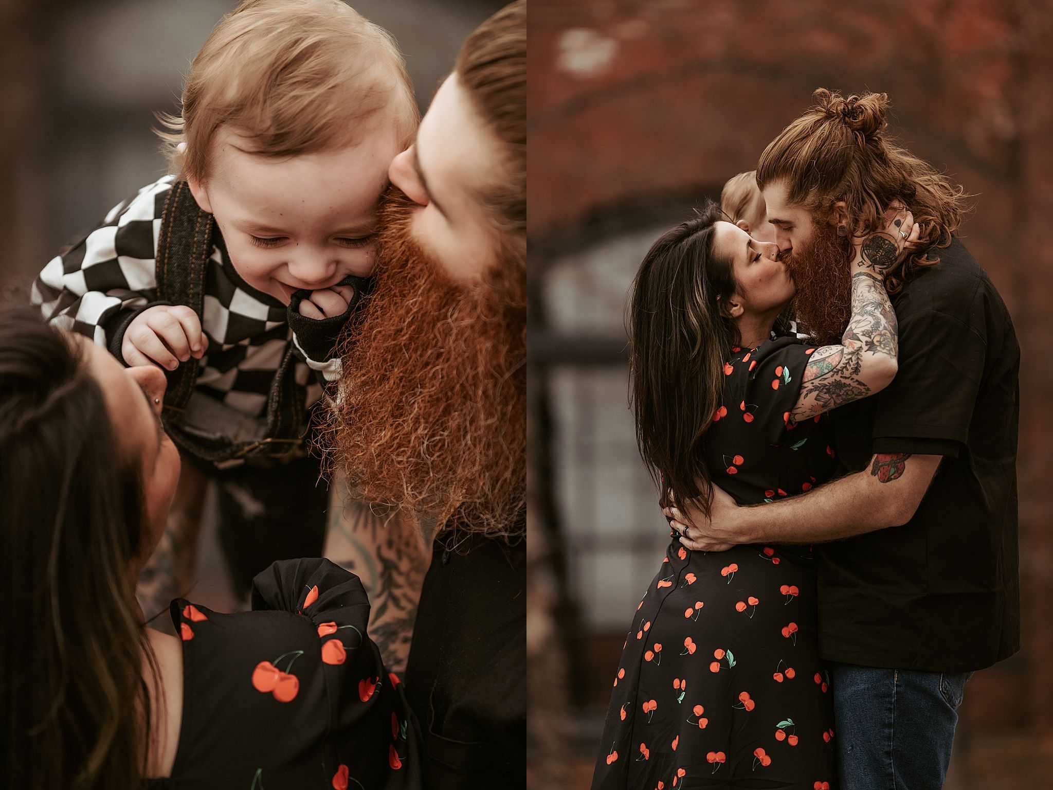 Candid family moments captured in warm tones showing playful interactions and embraces.