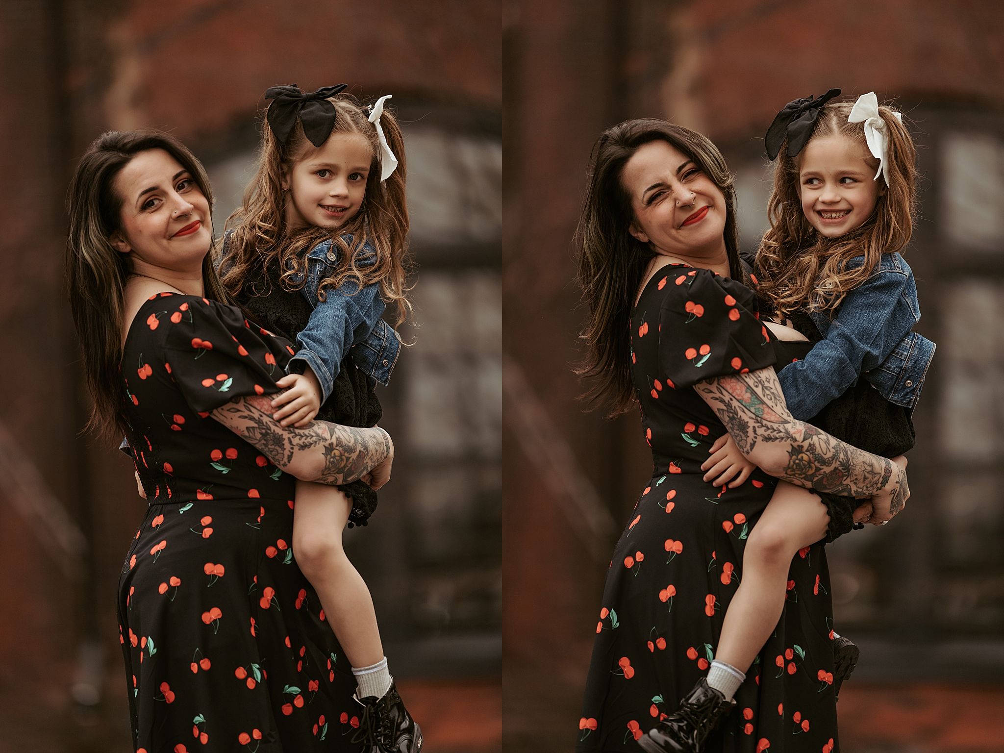 Mother and daughter portrait session showing joyful moments in matching styles.