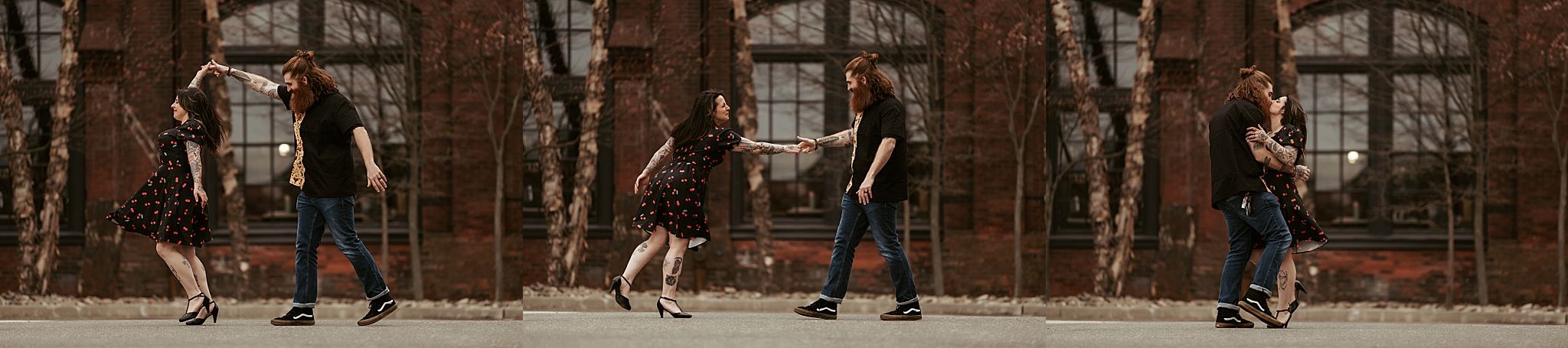 Three sequential images showing a couple walking along a brick building exterior.