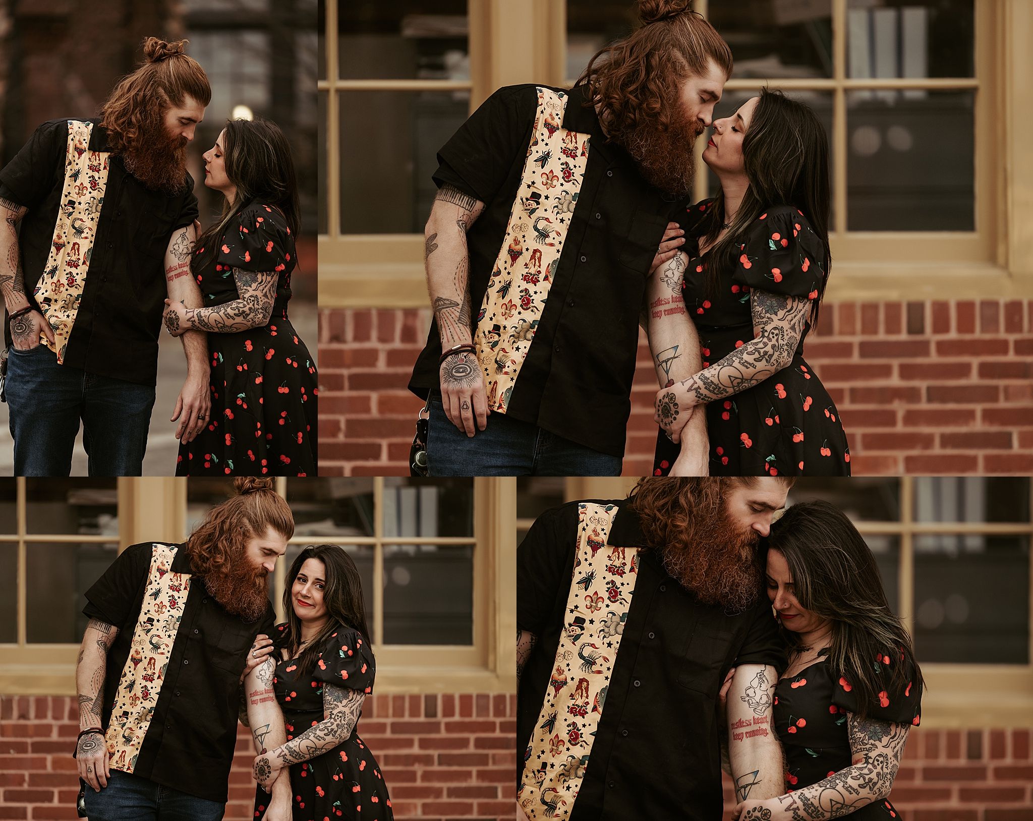 A series of candid romantic moments captured against a brick building exterior.