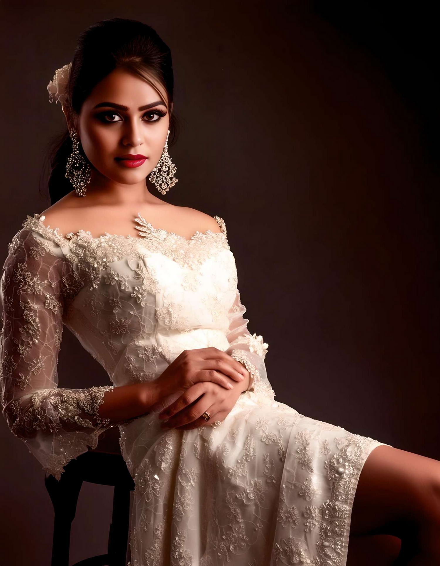 Dramatic studio portrait of bride in lace gown with statement earrings.