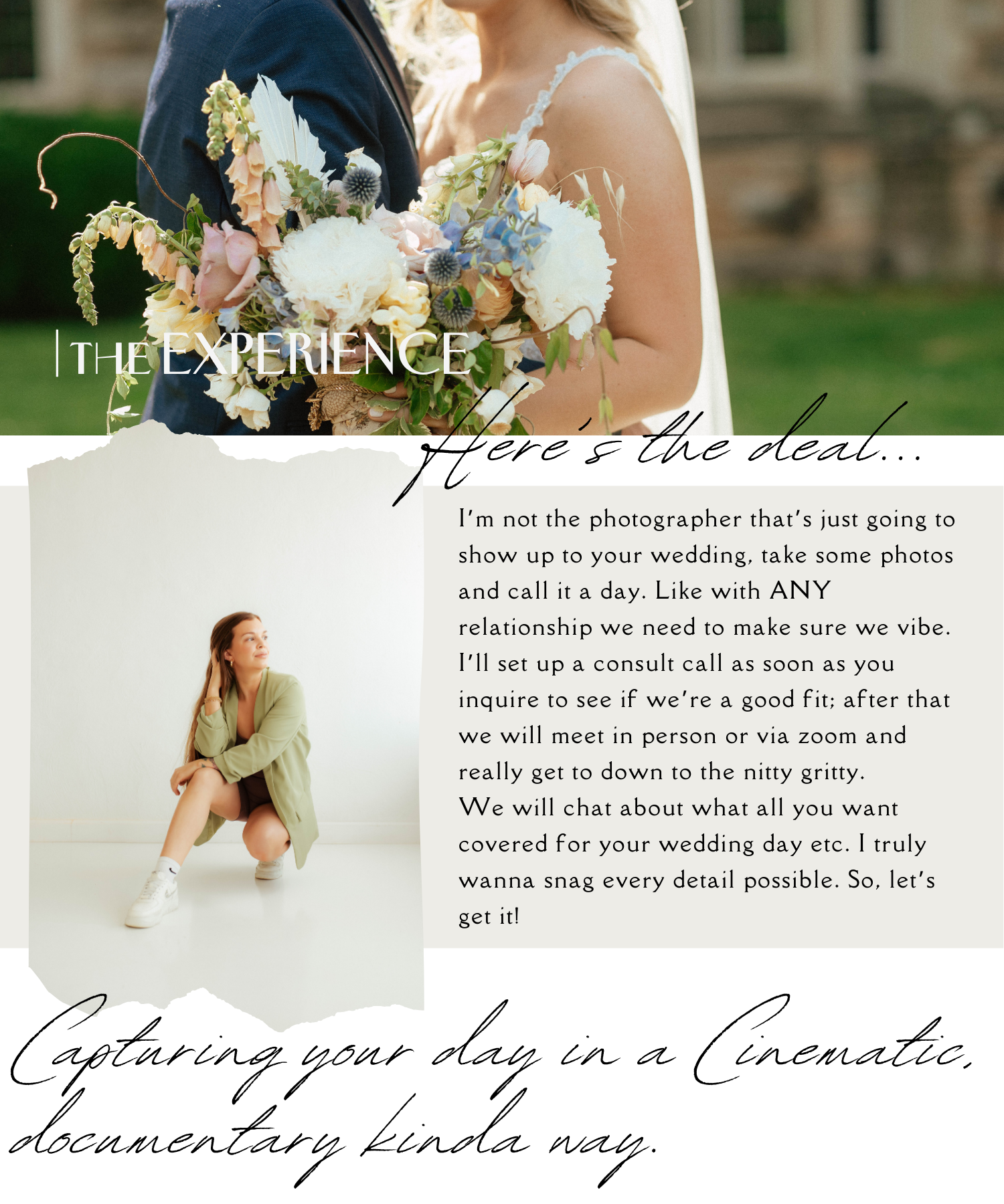 Marketing layout for wedding photography services with floral bouquet imagery.
