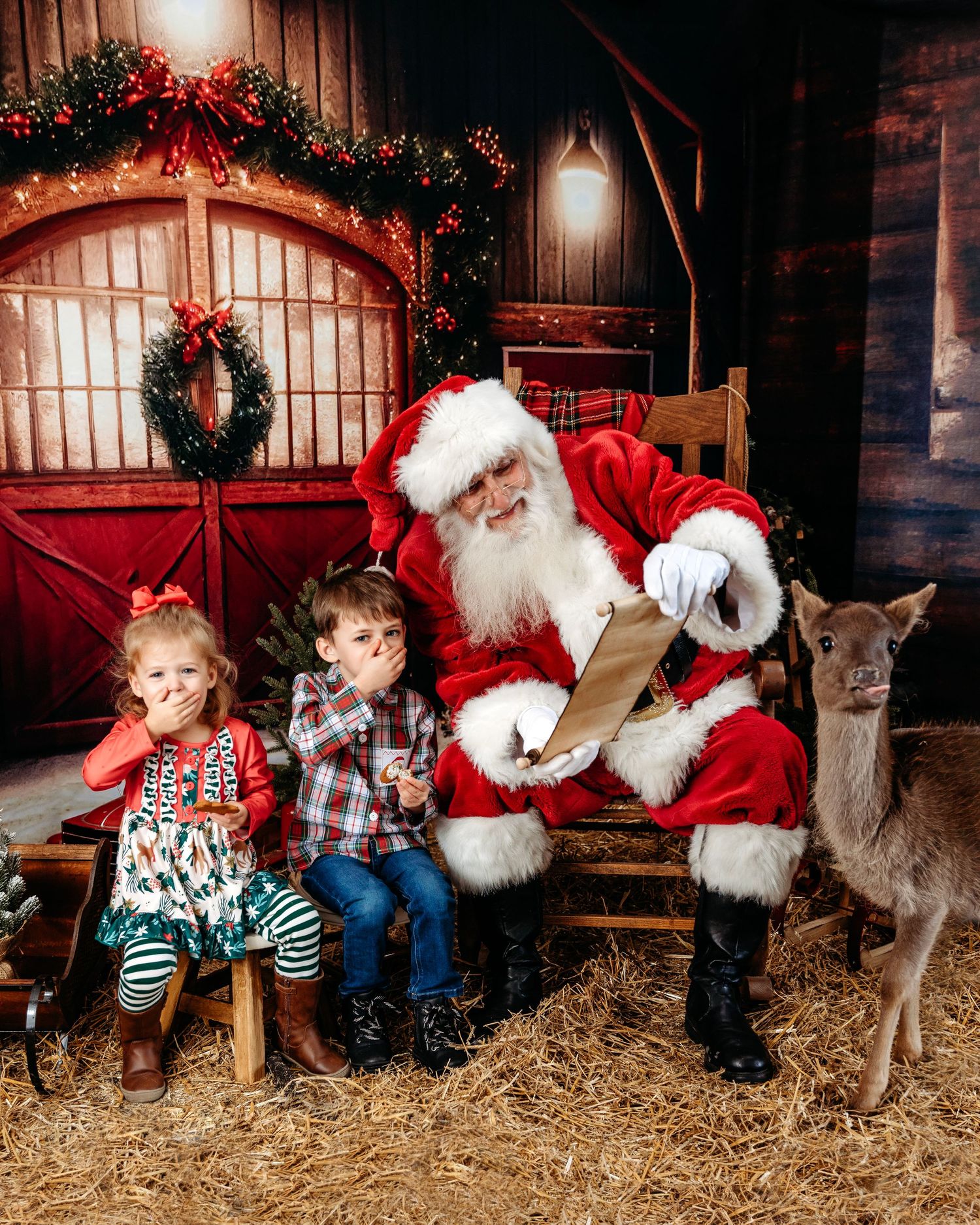 Christmas scene in rustic barn with holiday decorations and reindeer. Santa photographer