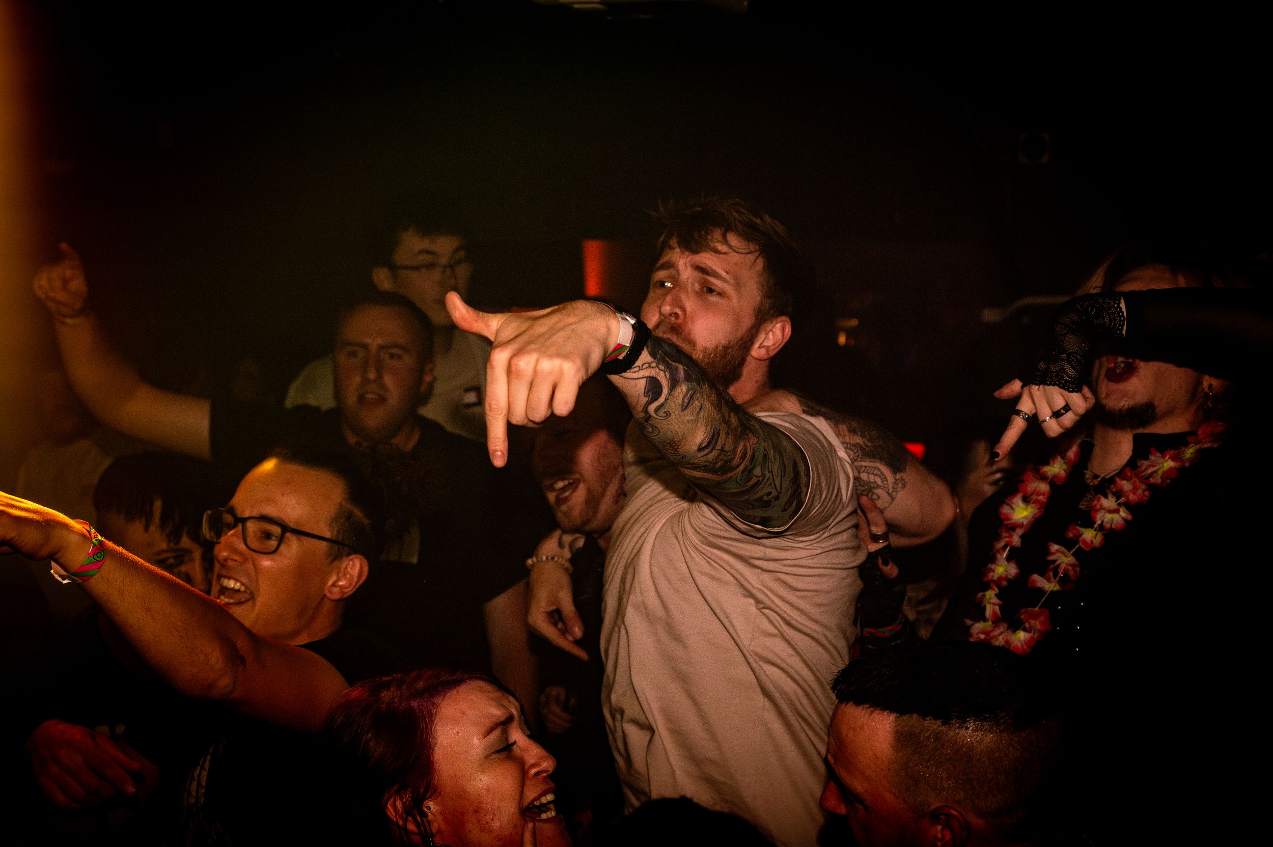Concert crowd reacting enthusiastically with raised arms during a live performance.