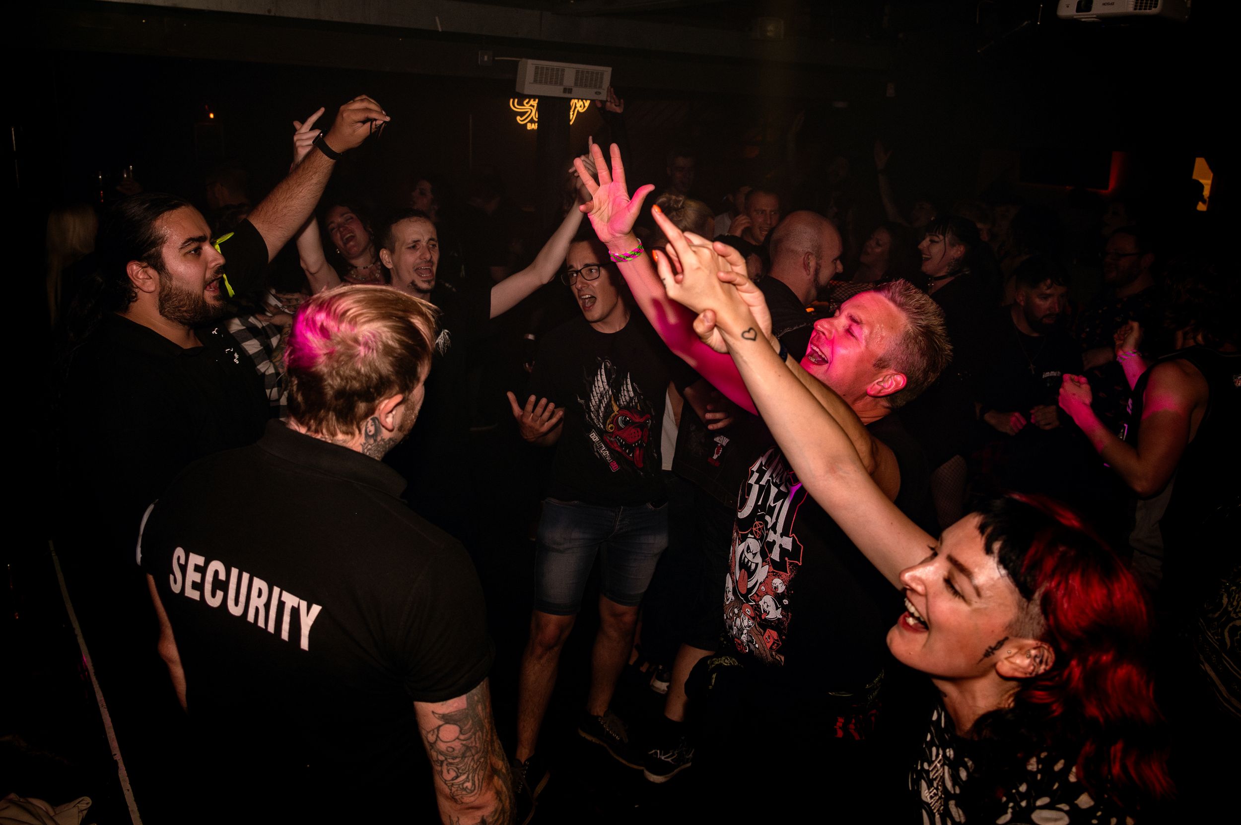 Security and crowd interaction during an energetic moment at a live music event.