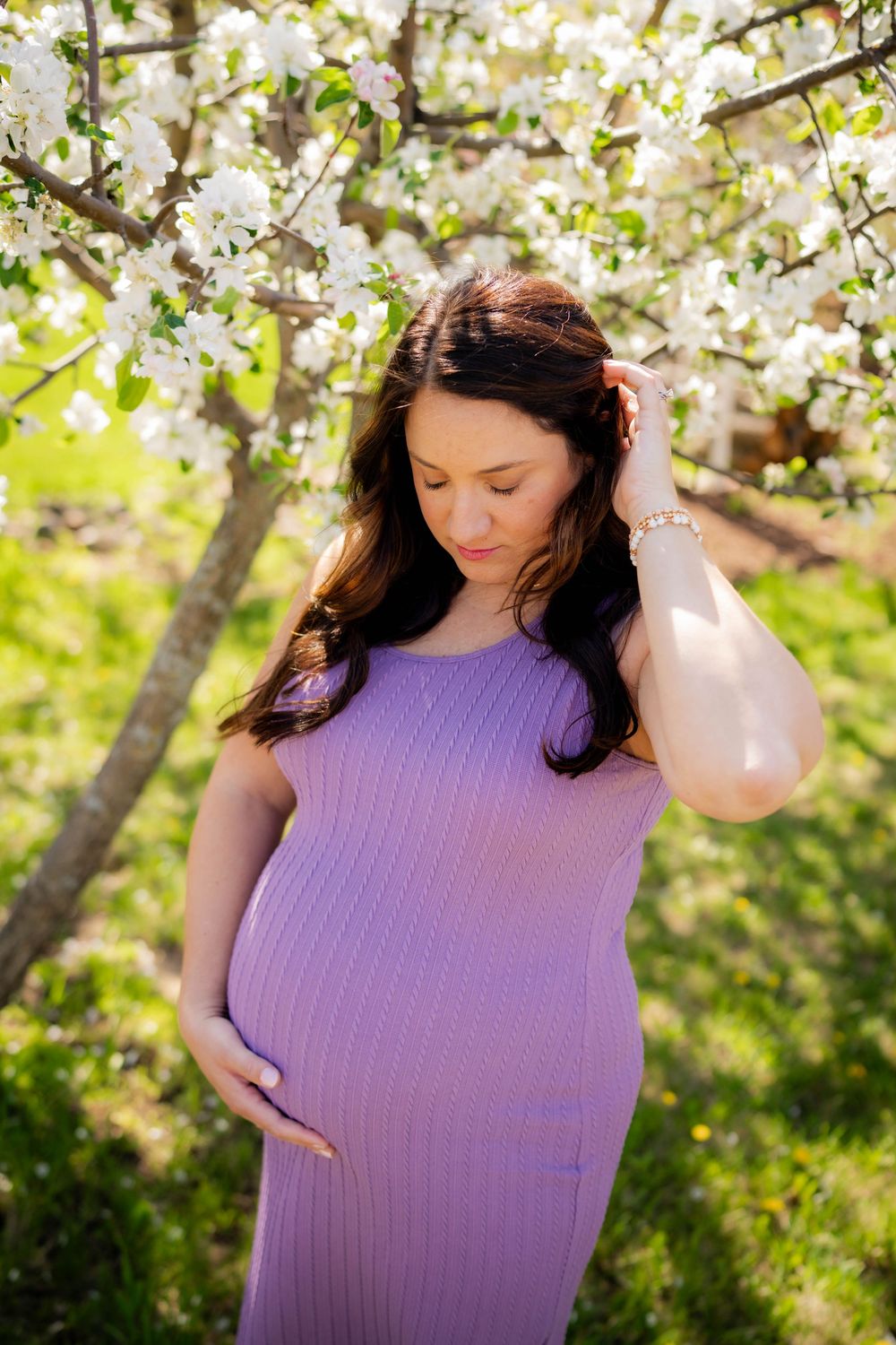 A pregnant woman in a purple dress gently holds her baby bump while standing near blooming white spring trees.