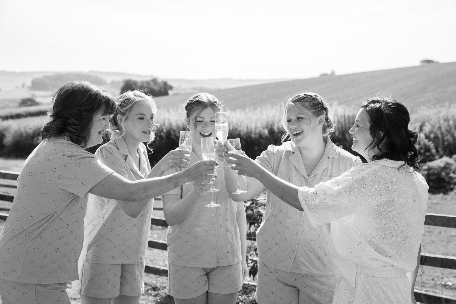 A group of friends raise their glasses in a toast while enjoying a sunny day outdoors in black and white photography.