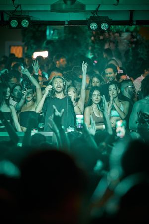 Energetic crowd enjoying a nightclub party with raised hands in green lighting atmosphere.