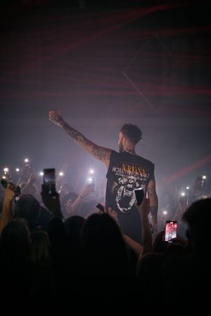 Silhouetted performer raises arm to crowd while wearing band t-shirt under red lighting.