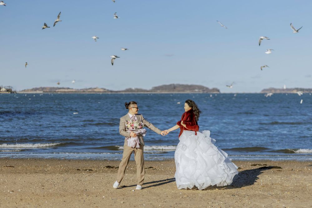A couple enjoys their wedding photoshoot on a beach with seagulls soaring above.