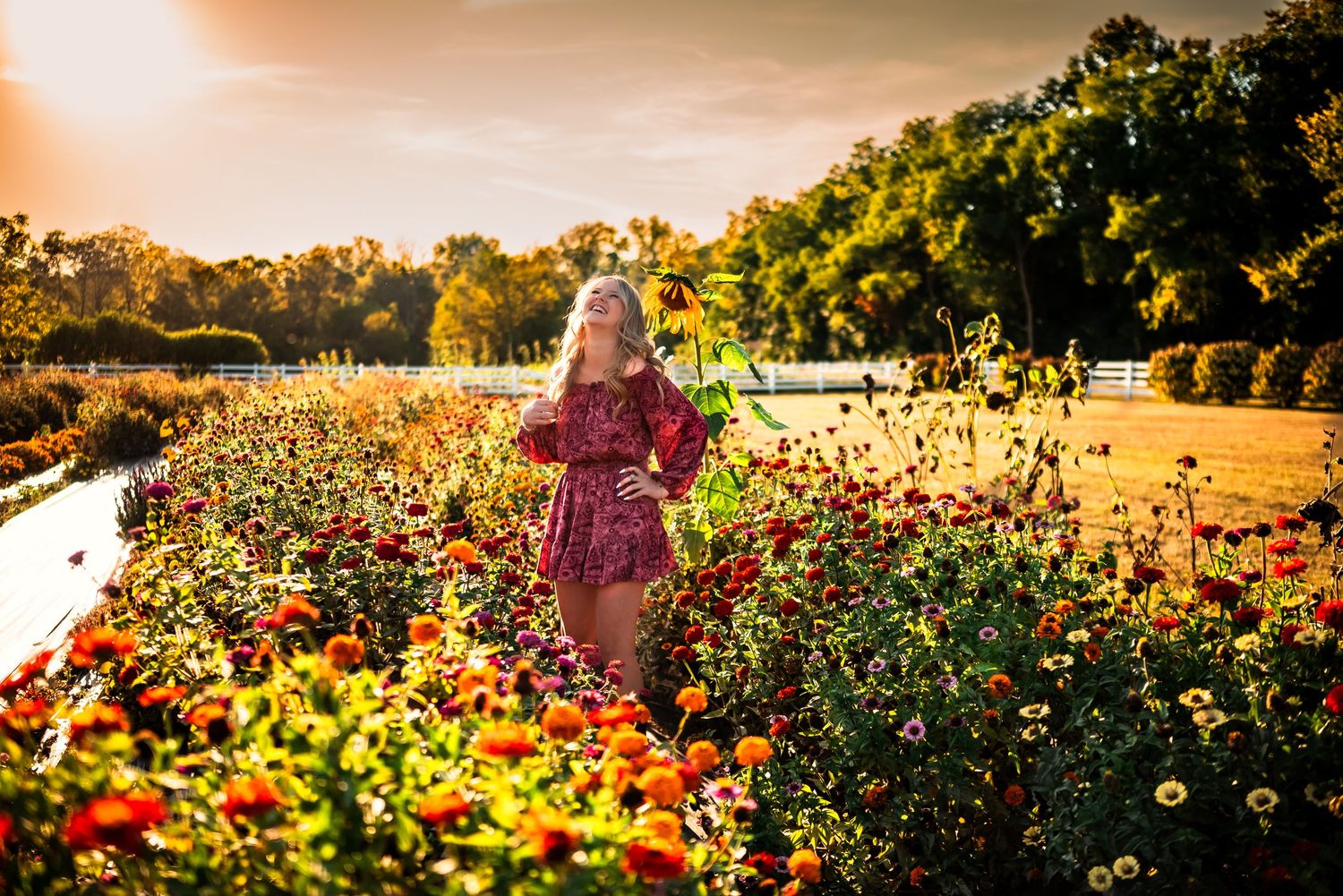 Scenic garden landscape with colorful flowers and warm sunset lighting in the background.