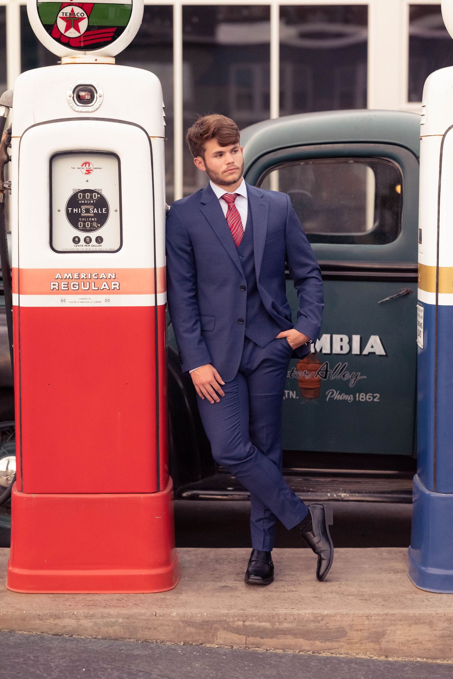 Vintage-style photos of men in suits posing near retro gas pumps with red and white color scheme.