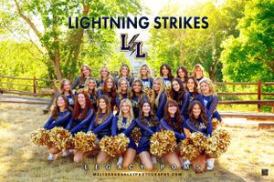 Large cheerleading squad in blue uniforms poses with gold pom poms under 'Lightning Strikes' text.