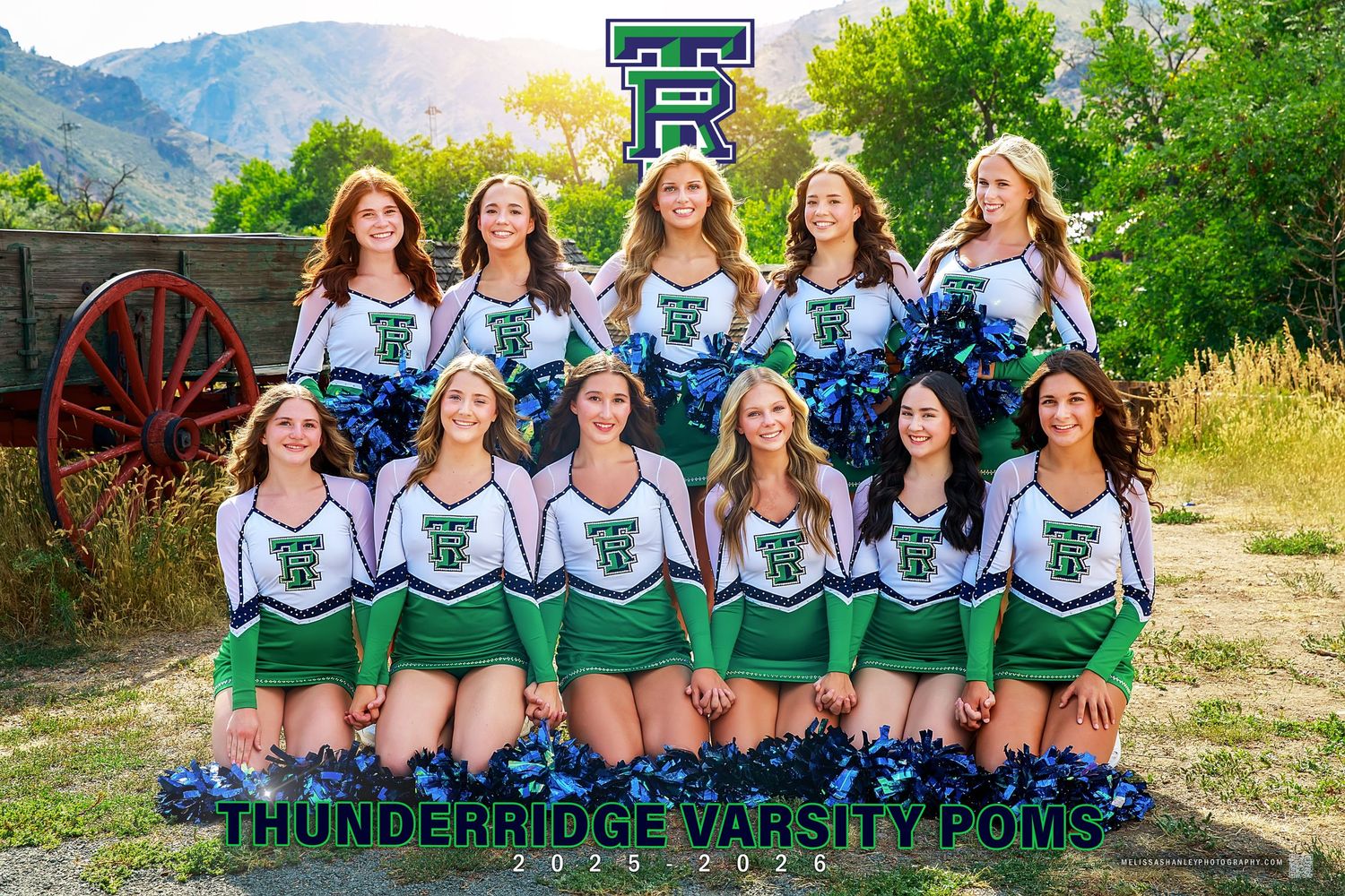 A collage of scenic outdoor cheerleading team photos featuring green and white uniforms against mountain landscapes.
